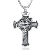 Naszyjniki - Naszyjnik męski stal chirurgiczna Krzyż Jezus Srebrny - miniaturka - grafika 1