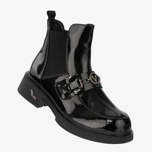 Buty Damskie Botki Ekoskóra Na Zimę Ocieplane Lakierowane Czarne Potocki 24-12542BKP Czarny 38 - Botki damskie - miniaturka - grafika 1