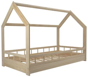 Naturalne łóżko dziecięce z surowego drewna w kształcie domku z barierkami 160x80cm - Łóżeczka i kojce - miniaturka - grafika 1