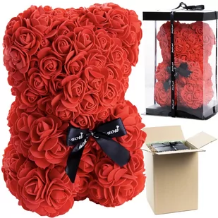 Miś Z Róż Walentynki Prezent Dla Kobiet Rose Bear Z Czerwonych Płatków Róż 25 Cm Z Pudełkiem - Sztuczne kwiaty - miniaturka - grafika 1