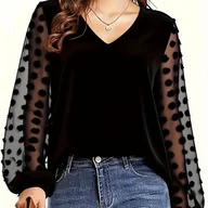 Koszule damskie - TEMU Bluzka Damska z Eleganckim Dekoltem w Serek - Jednokolorowa Czarna z Kwiatowym Aplikacją, Luźny Krój na Pracę i Wakacje, Wszechsezonowa Koszula, - miniaturka - grafika 1