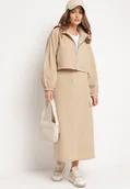 Komplety damskie - Beżowy Komplet Casualowy Bluza z Suwakiem i Stójką oraz Spódnica z Kieszeniami Hettora - miniaturka - grafika 1