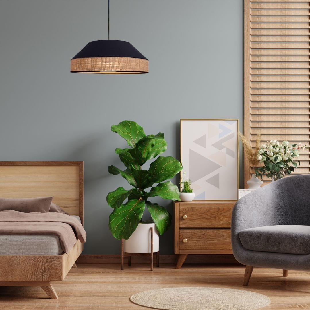 Lampa wisząca Solar Lampa BOHO wisząca nad stół len trapez rattan z czarną tkaniną