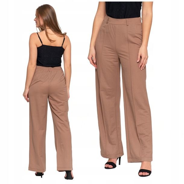 Eleganckie SPODNIE DAMSKIE Beżowe z Prostą Nogawką Modne Gładkie MORAJ M