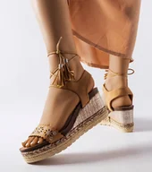 Espadryle damskie - Karmelowe espadryle na koturnie Tahoe-39 - miniaturka - grafika 1