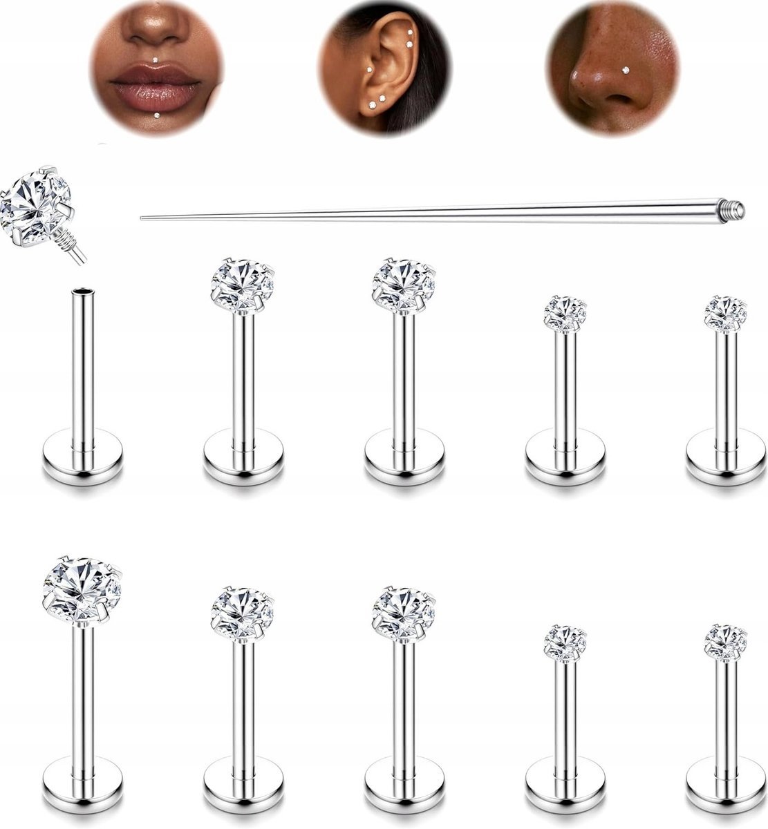 KOLCZYKI 10 SZTUK TYTANOWE ZESTAW PIERCING KULKA LABRET TRAGUS BIŻUTERIA