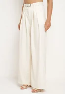Spodnie damskie - Beżowe Szerokie Spodnie Palazzo z Wysokim Stanem i Paskiem z Ekoskóry oraz Metalową Klamrą Ninna - miniaturka - grafika 1