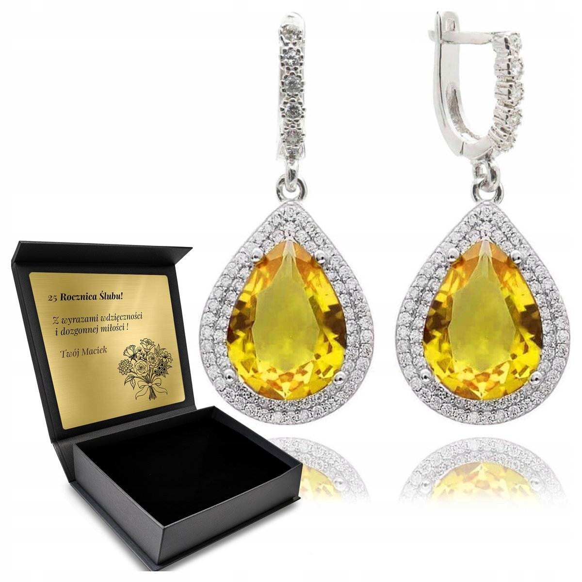 Kolczyki Srebrne 925 Cyrkonie I Cytryn Biżuteria Dla Kobiety + Grawer