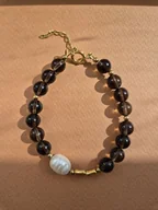 Bransoletki - Bransoletka artdeco z kwarców dymnych, złotych hematytów i perły - miniaturka - grafika 1