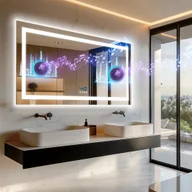 Lustra - WISFOR Lustro łazienkowe LED z głośnikiem Bluetooth, lustro łazienkowe 140×70 cm z oświetleniem w 3 kolorach, lustro ścienne LED z funkcją ściemniania, bezmgielne - miniaturka - grafika 1