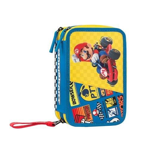 Franco Cosimo Panini MARIO KART - Oficjalny piórnik szkolny Mario Kart, 3 przegródki dla chłopców i dziewczynek, z zestawem na artykuły pa, niebieski ścieralny długopis i praktyczne