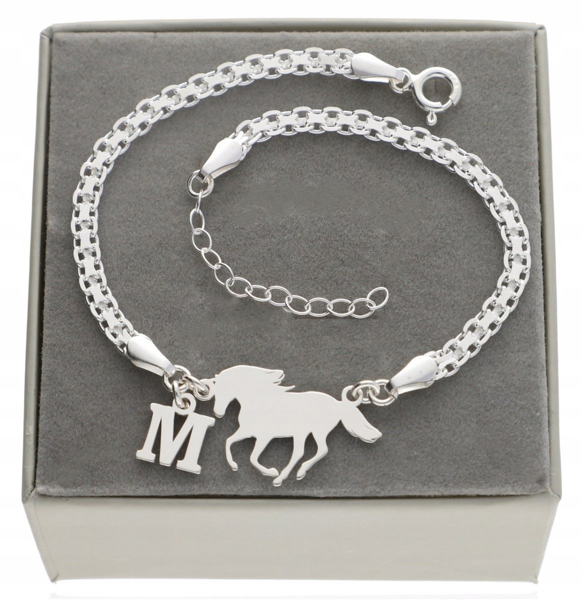 Srebrna szeroka bransoletka koń konik i LITERKA PUDEŁKO SREBRO 925