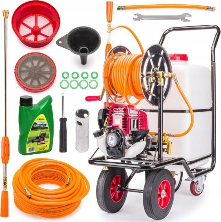 Opryskiwacz SPALINOWY Wózkowy Taczkowy 60L 28m Sadowniczy 4-SUW Olej