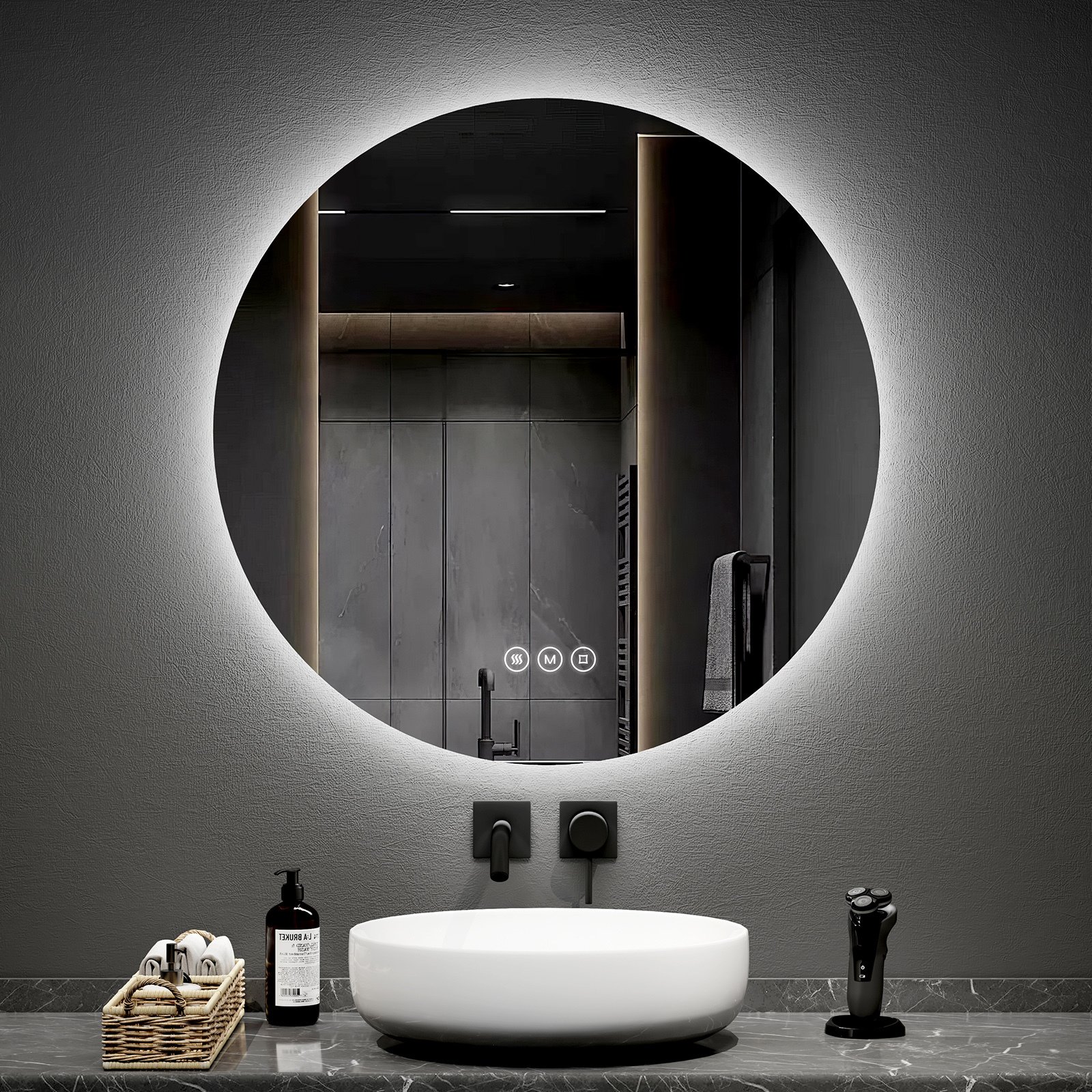 EMKE Lustro łazienkowe LED okrągłe 80 cm z powłoką przeciwmgielną Lustro łazienkowe 3 kolory światła Lustro łazienkowe ściemniane Lustro LED z przełącznikiem dotykowym IP44 energooszczędne