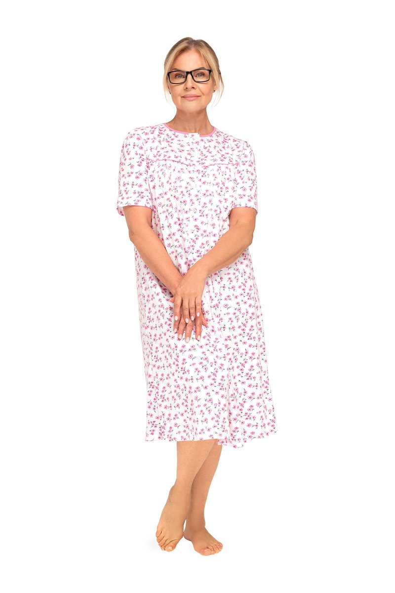 KOSZULA NOCNA DAMSKA 3XL KRÓTKI RĘKAW BAWEŁNIANA ROZPINANA RÓŻOWA KWIATY
