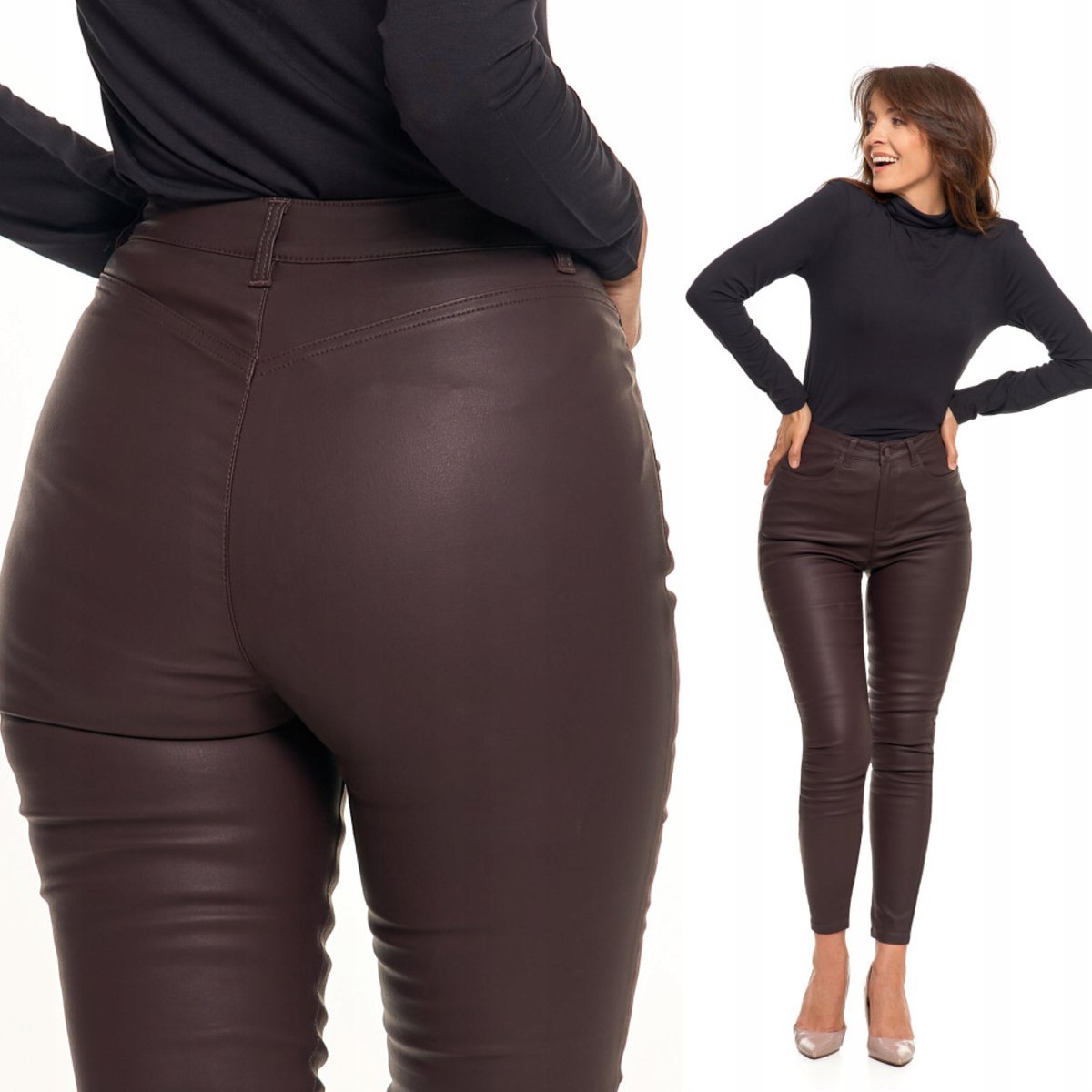SPODNIE DAMSKIE SKINNY Z WYSOKIM STANEM Z EKO-SKÓRY ELEGANCKIE MORAJ 40 BROWN