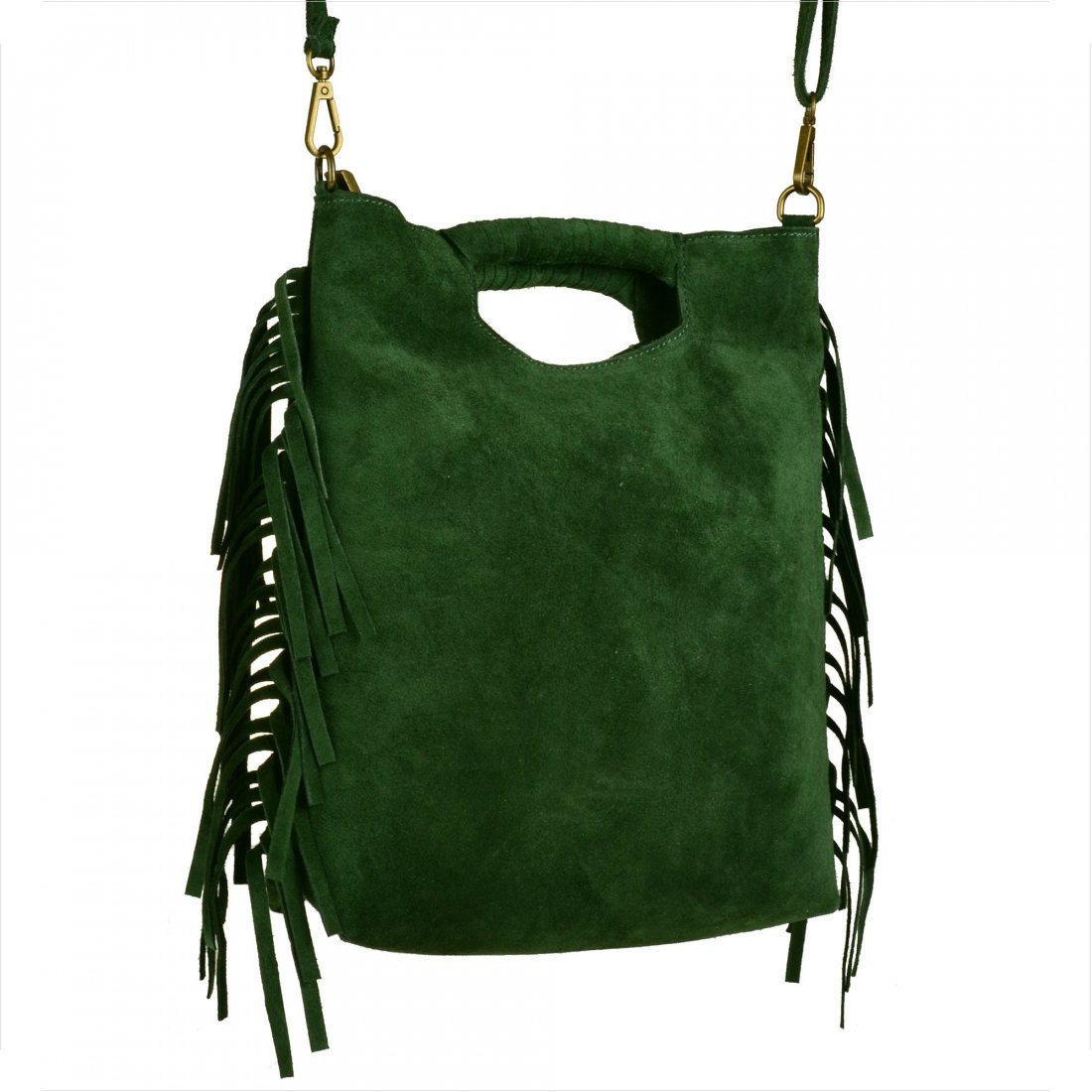 Lekka zamszowa torebka na ramię ozdobnymi frędzlami zieleń butelkowa