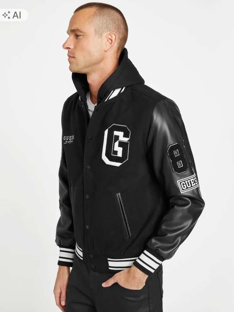 GUESS CZARNA MĘSKA KURTKA BOMBER Z NASZYWKAMI I KLAPAMI M 2CA
