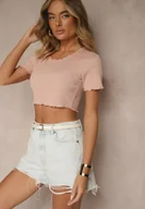 Koszulki i topy damskie - Ciemnoróżowy T-shirt z Bawełną z Prążkowanej Dzianiny Adlesse - miniaturka - grafika 1