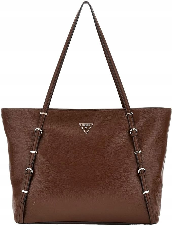 GUESS BRĄZOWA SHOPPER TOREBKA Z EFEKTEM SKÓRY I SREBRNYMI OKUCIAMI GNA