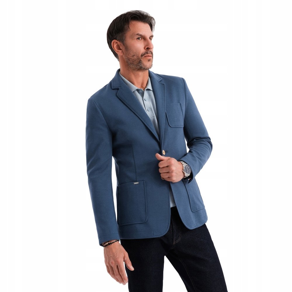 Męska marynarka SLIM z dzianiny - ciemnoniebieska V6 OM-BLZB-0101 r. XL