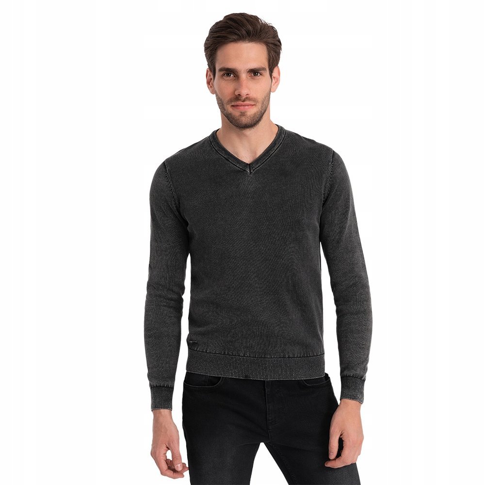 Washowany sweter męski z dekoltem w serek czarny V1 OM-SWOS-0108 XXL