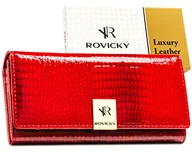 Portfele - Portfel damski lakierowany ROVICKY rfid stop duży rozbudowany skórzany na zatrzask czerwony - miniaturka - grafika 1