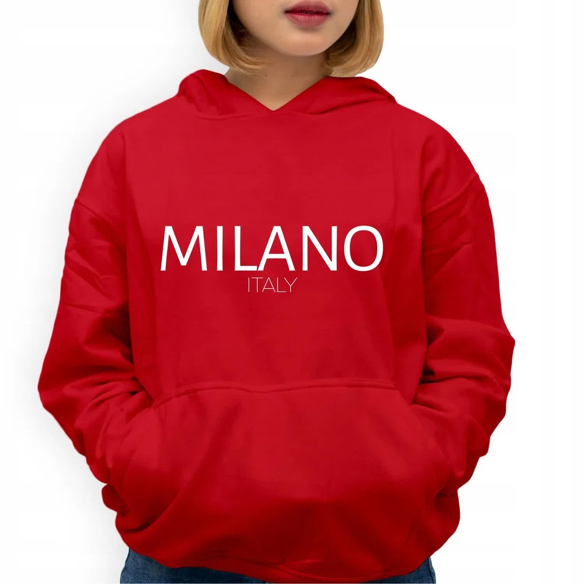 Bluza Damska Czerwona Z Kapturem MILANO ITALY Na Prezent Wzory Rozmiar L