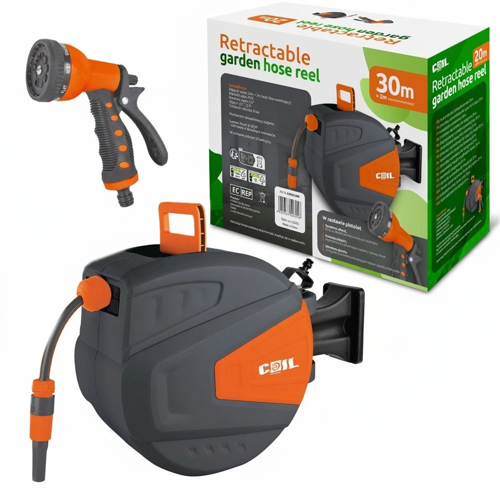 Coil wąż ogrodowy 30m bęben zwijacz zestaw pistolet 9 funkcji