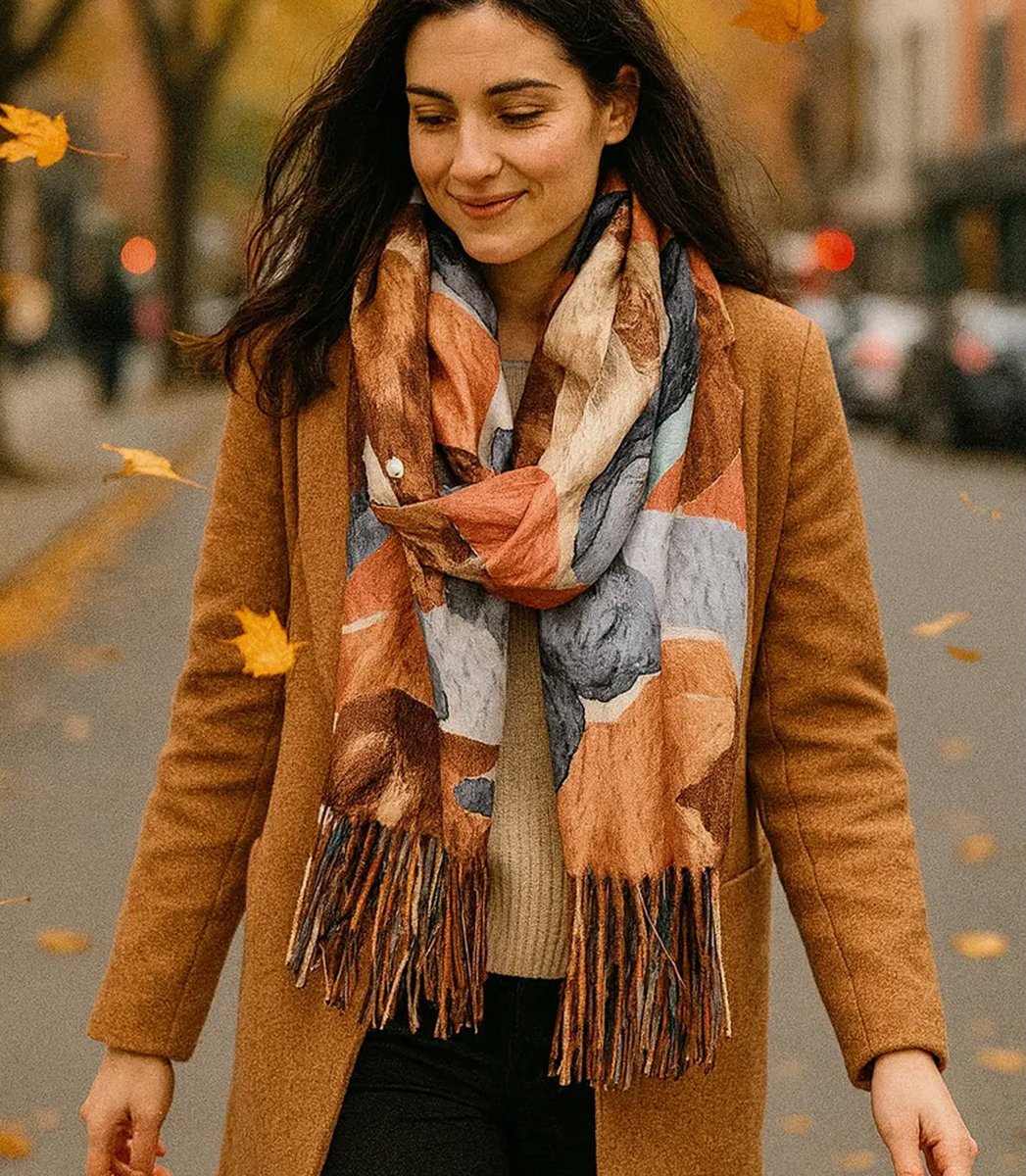 Szal damski z motywem akwarelowych kwiatów frędzle