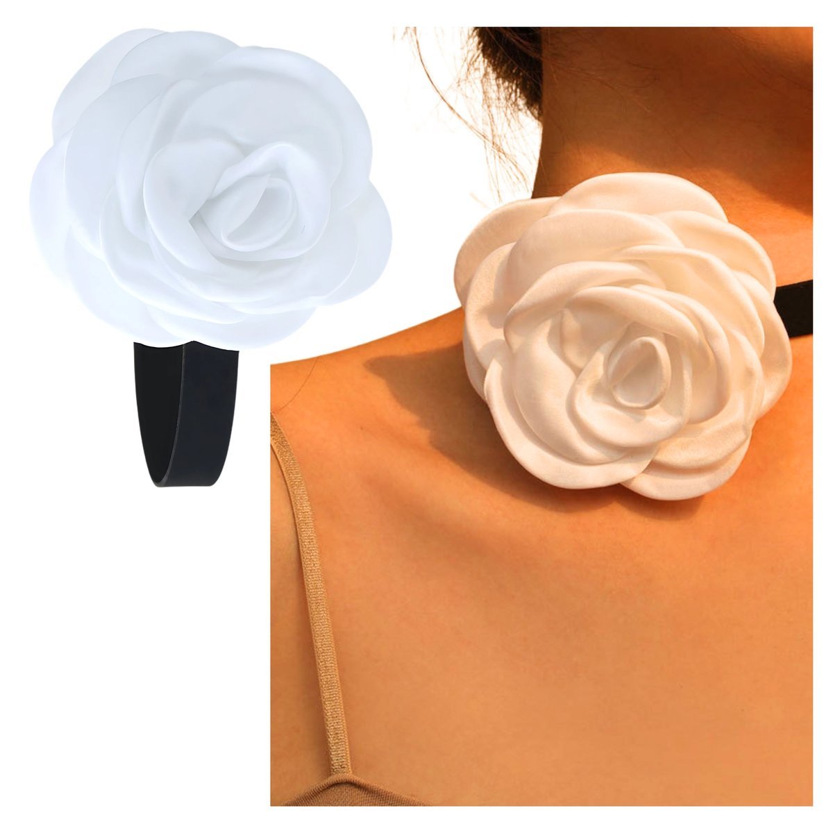 Naszyjnik Choker Czarny na Szyję z Dużym Białym Kwiatem Róży Regulowany