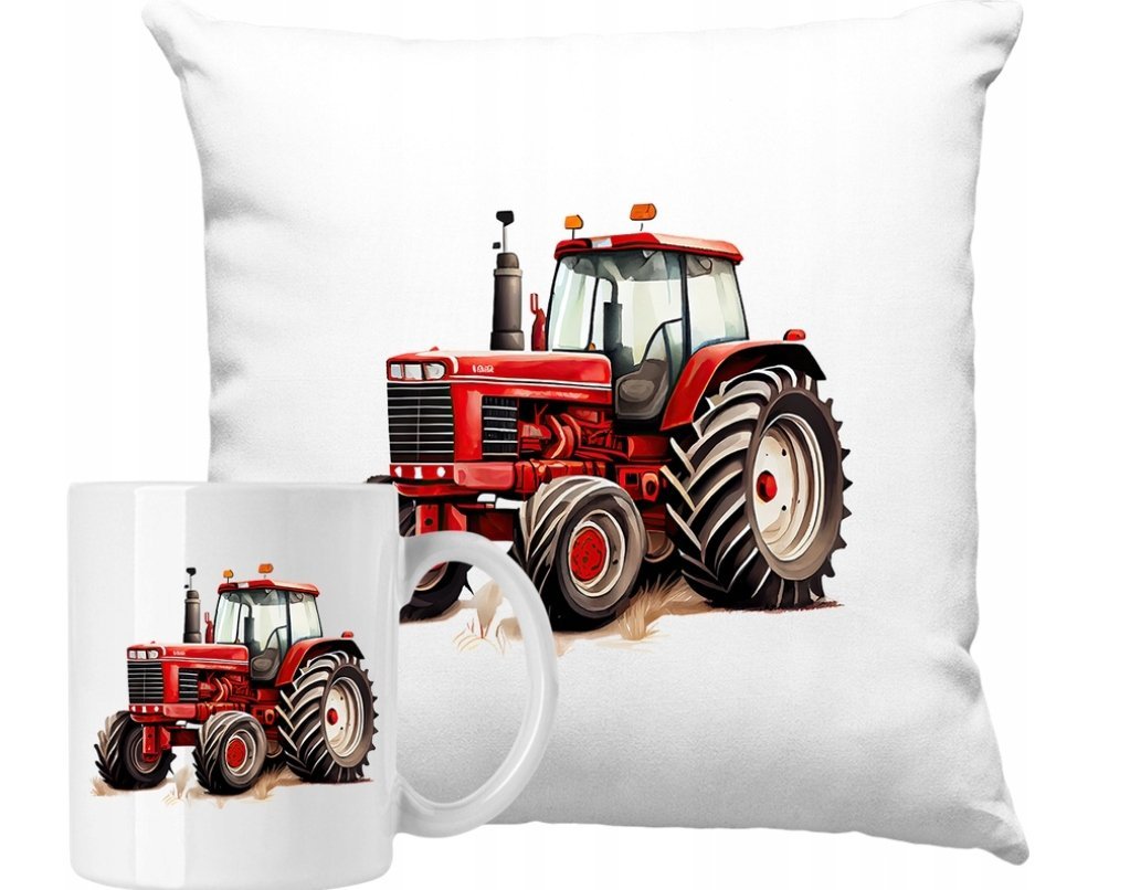 ZESTAW PODUSZKA + KUBEK Czerwony Traktor Rolnik Pomysł Na Prezent +IMIĘ