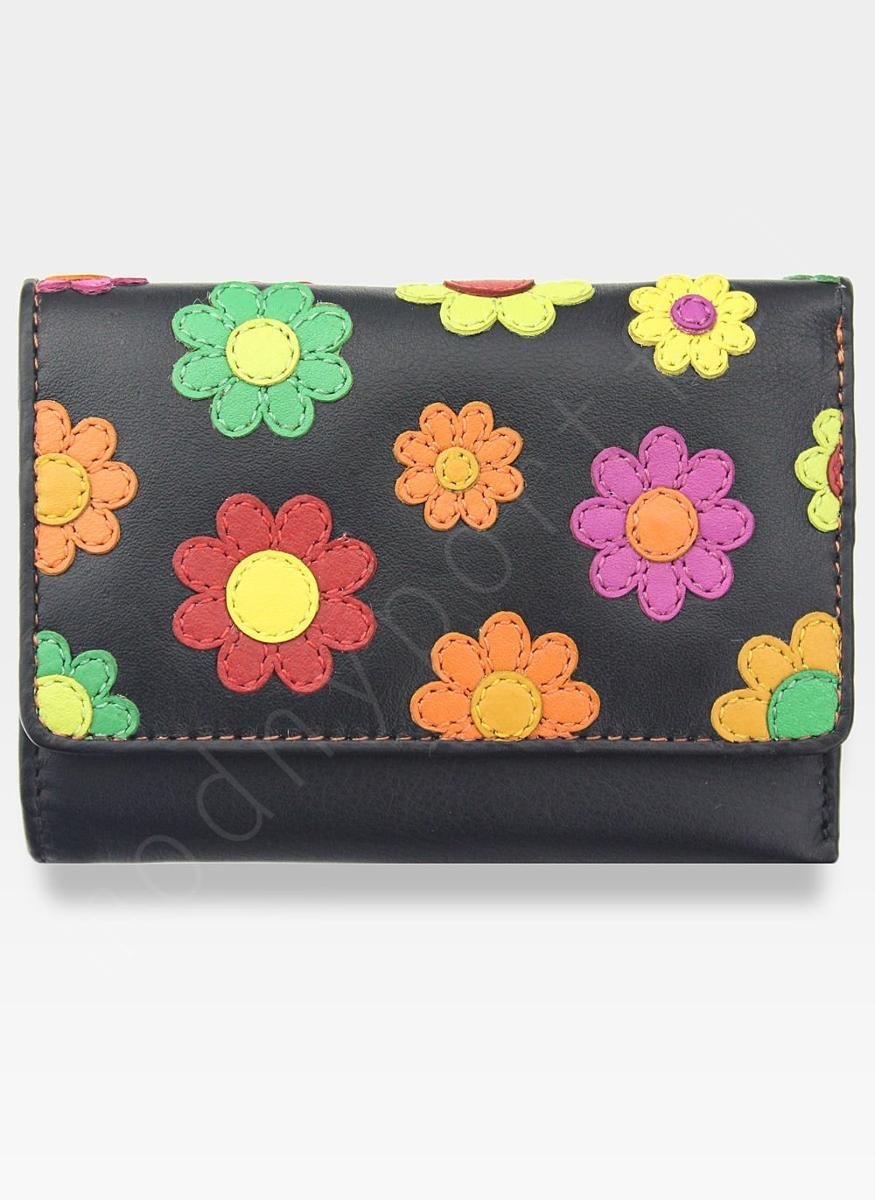 Visconti Portfel Damski Skórzany w Kwiatki Daisy DS81 Czarny - Multikolor