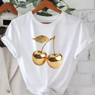 Bluzki damskie - TEMU Damski Biały T-Shirt z Krótkim Rękawem i Złotym Nadrukiem Wiśni - Casual, Słodki i Chłodny Luźny Fason z Okrągłym Dekoltem, Bluzka na Wszystkie - miniaturka - grafika 1
