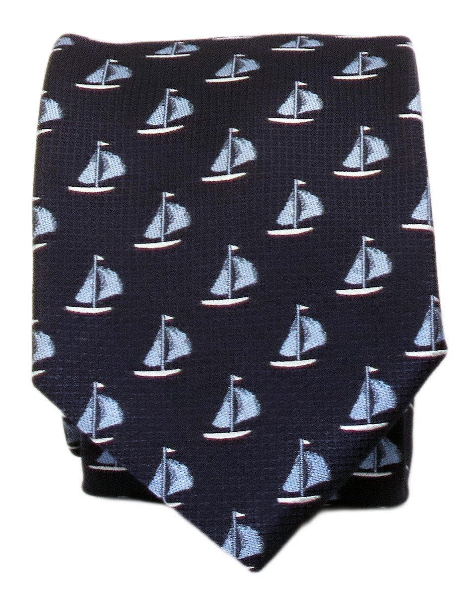 Granatowy krawat w błękitne żaglówki D370