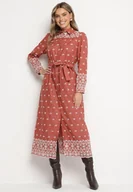 Sukienki - Bordowa Sukienka o Koszulowym Kroju z Wiązanym Paskiem Ozdobiona Haftem Valentirae - miniaturka - grafika 1