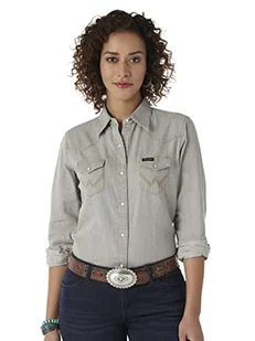 Wrangler Damska bluzka z długim rękawem Snap Front Denim Western, Szary dżins, L - Bluzki damskie - miniaturka - grafika 1