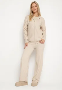 Beżowy Komplet Dzianinowy z Wełną Bluza z Kapturem i Szerokie Spodnie Otisela - Komplety damskie - miniaturka - grafika 1