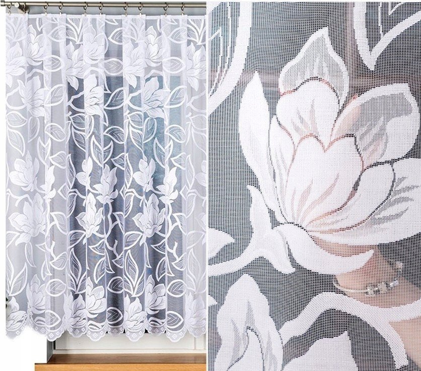 Firana żakardowa wzór 023338, 400x150cm prosta w kwiaty (z obszyciem)