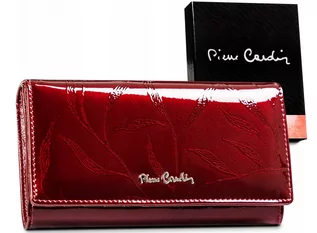 Portfele - Duży damski portfel lakierowany z motywem liści, skóra naturalna — Pierre Cardin - grafika 1