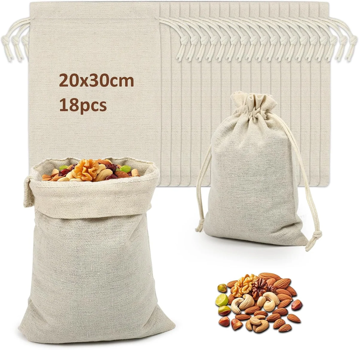 Bawełniane woreczki ze sznurkiem 20x30 cm na prezenty i biżuterię - 18 szt