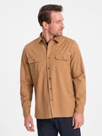 Koszule męskie - Męska bawełniana koszula REGULAR FIT z kieszeniami zapinanymi na guziki - camel V2 OM-SHCS-0146 - Ombre Clothing - miniaturka - grafika 1