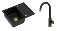 Zlewozmywaki z baterią - Quadron Unique Zlewozmywak granitowy jednokomorowy 62*50*22 cm z ociekaczem MORGAN 116 PURE CARBON z syfonem Push-2-Open w kolorze miedzianym z baterią JODIE Q LINE SLIM kolor czarny mat/wykończenie miedź - miniaturka - grafika 1