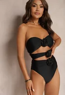 Stroje kąpielowe - Czarny Strój Kąpielowy Jednoczęściowy Bez Ramiączek z Aplikacją Kwiatu Nansilah - miniaturka - grafika 1