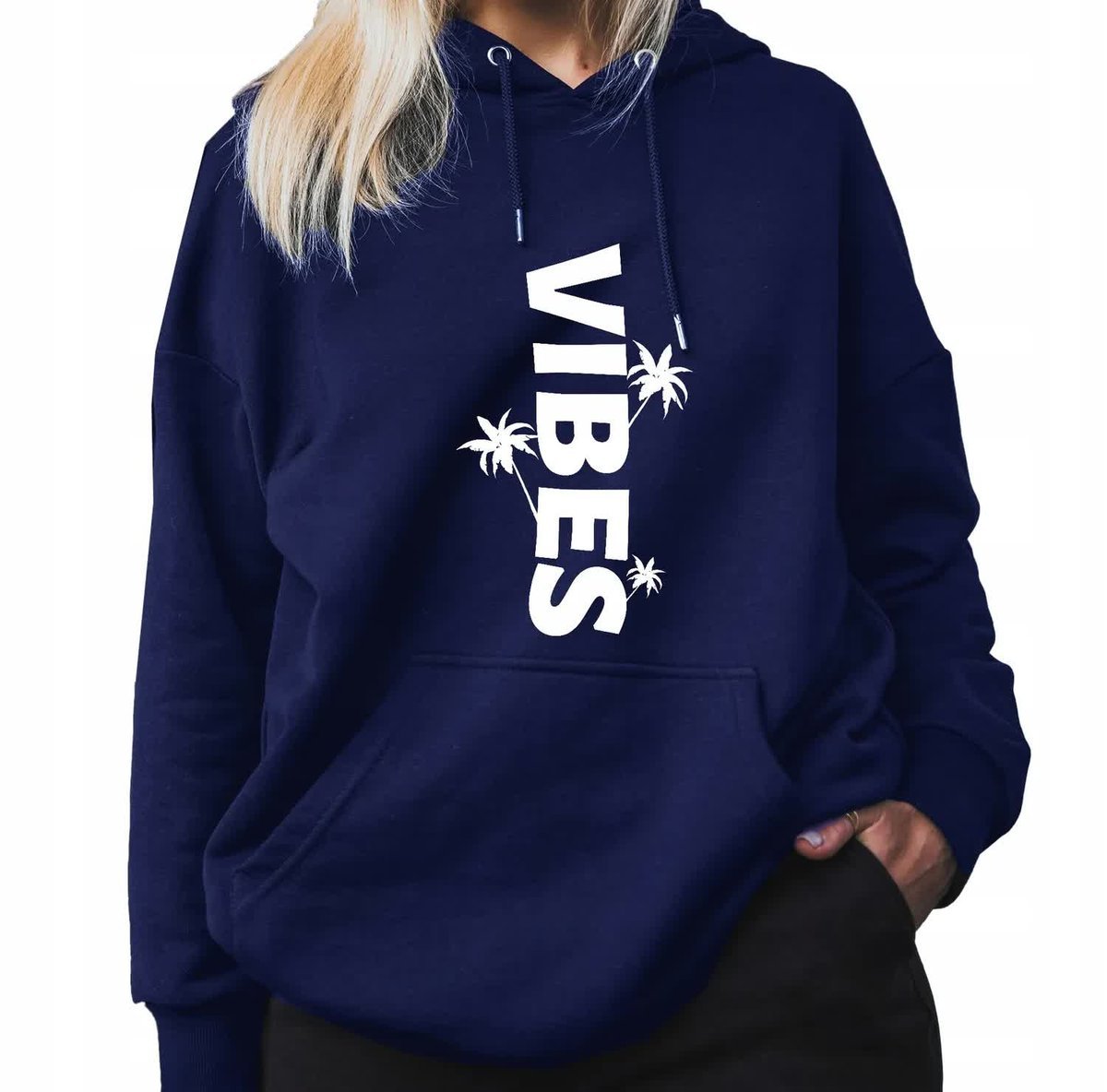Granatowa Bluza Damska Z Kapturem VIBES Stylowa Piękne Kobiece Wzory - M