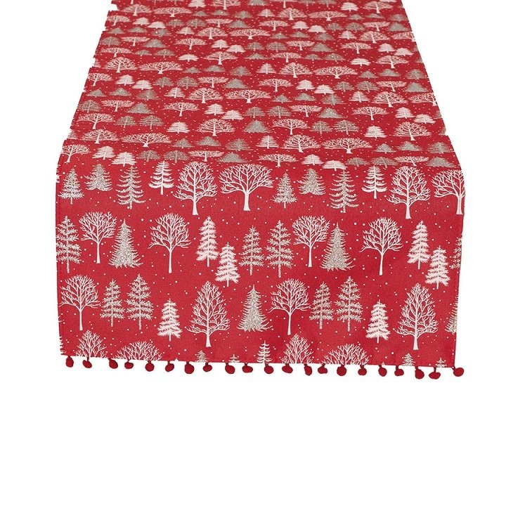 Bieżnik świąteczny z pomponami 40x140 Zimowa magia czerwony 003