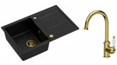 Zlewozmywaki z baterią - Quadron Zlewozmywak granitowy jednokomorowy 78*50*22 cm z ociekaczem MORGAN 111 PURE CARBON czarny ze złotym odpływem z baterią RACHEL Q LINE kolor złoty - miniaturka - grafika 1