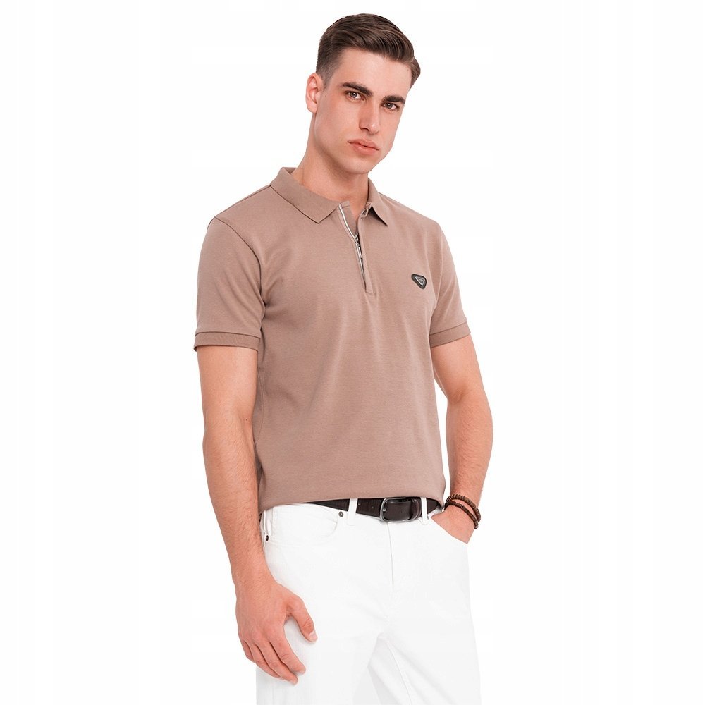 Koszulka męska polo z dekoltem na zamek jasnobrązowa OM-POSS-0148 V3 r. XXL