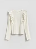 Bluzki dla dziewczynek - Reserved - Prążkowana bluzka z falbanką - złamana biel - miniaturka - grafika 1