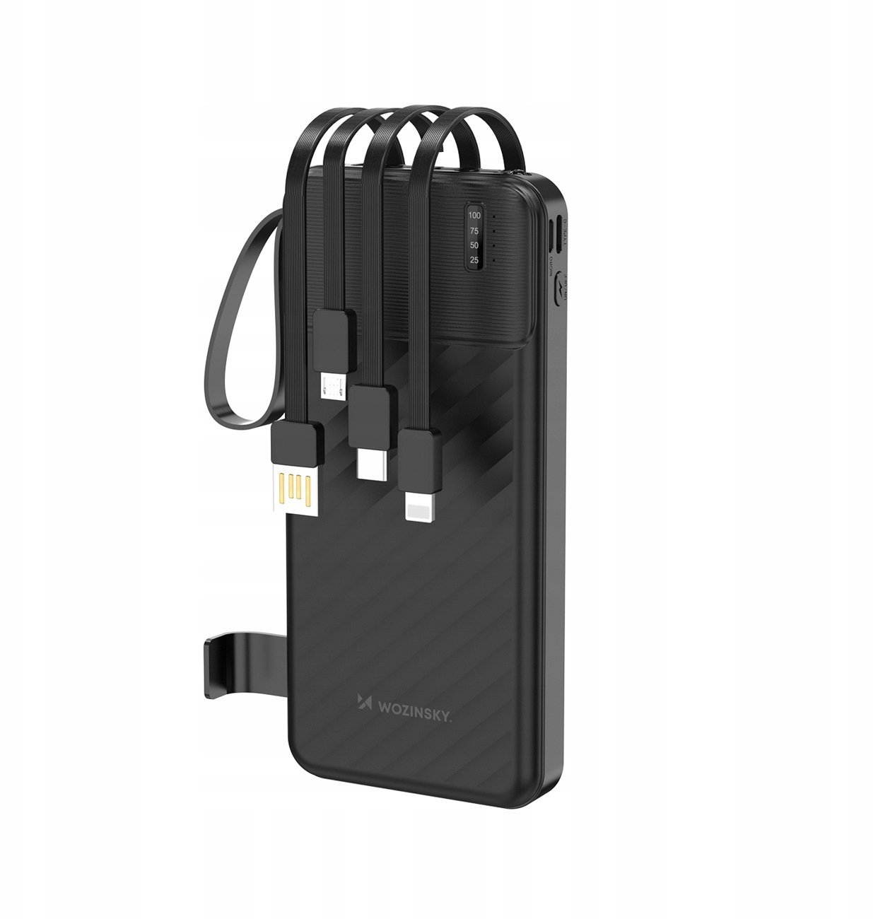 Wozinsky Powerbank W11-B 10000mAh 10W z wbudowanymi kablami i latarką - czarny 5907769388095
